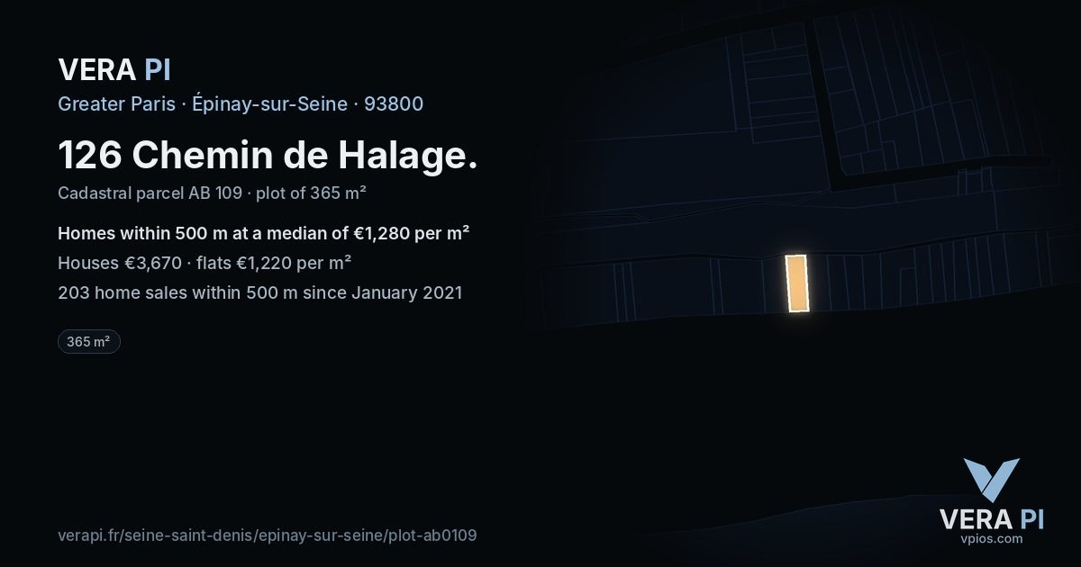 126 Chemin de Halage, Épinay-sur-Seine at night – the plot lit, the parcels around coloured by the prices near them