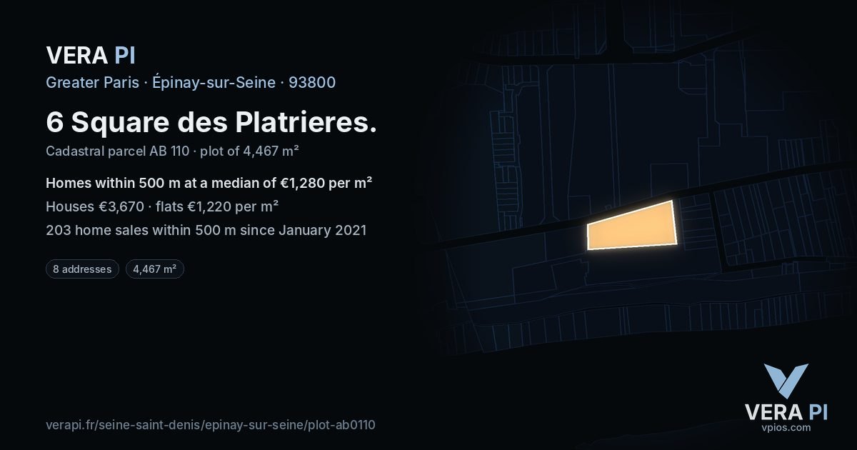 6 Square des Platrieres, Épinay-sur-Seine at night – the plot lit, the parcels around coloured by the prices near them