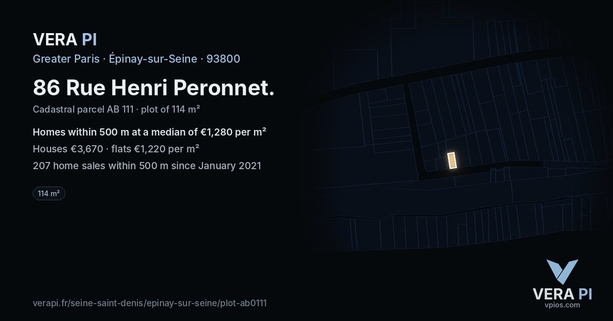 86 Rue Henri Peronnet, Épinay-sur-Seine at night – the plot lit, the parcels around coloured by the prices near them