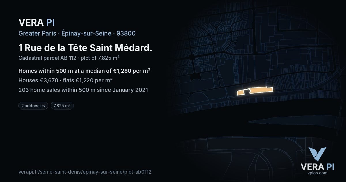 1 Rue de la Tête Saint Médard, Épinay-sur-Seine at night – the plot lit, the parcels around coloured by the prices near them