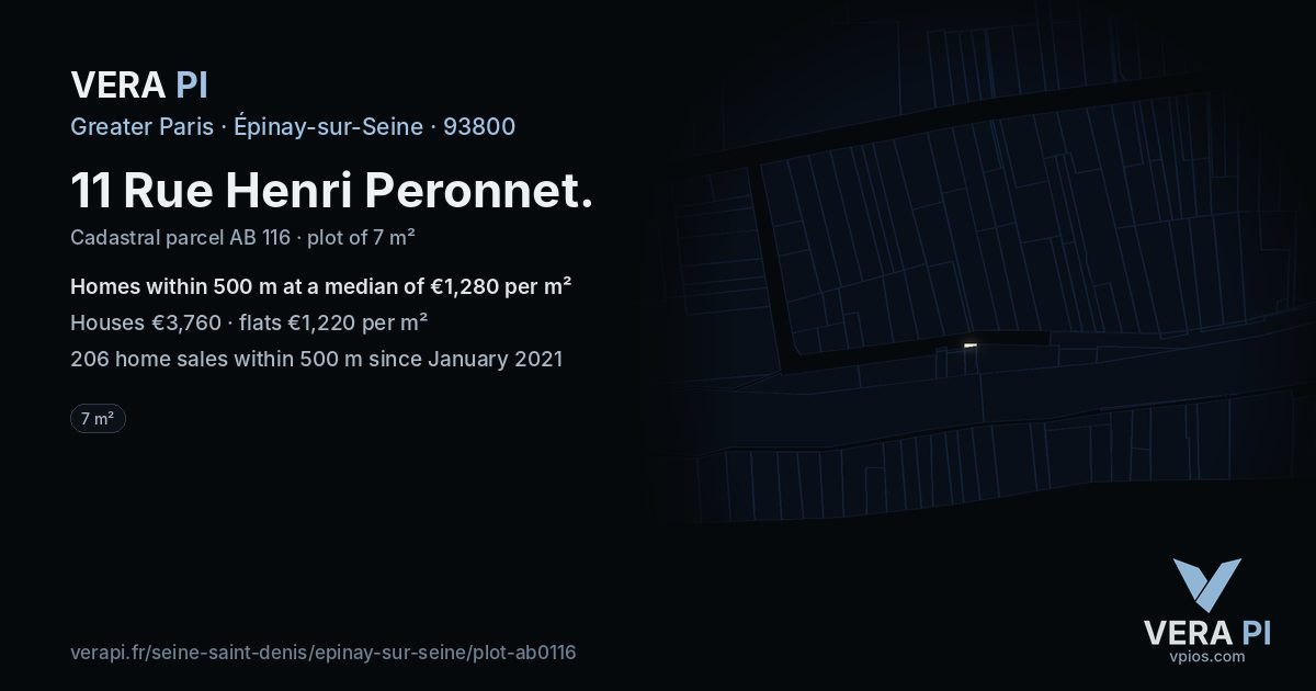 11 Rue Henri Peronnet, Épinay-sur-Seine at night – the plot lit, the parcels around coloured by the prices near them