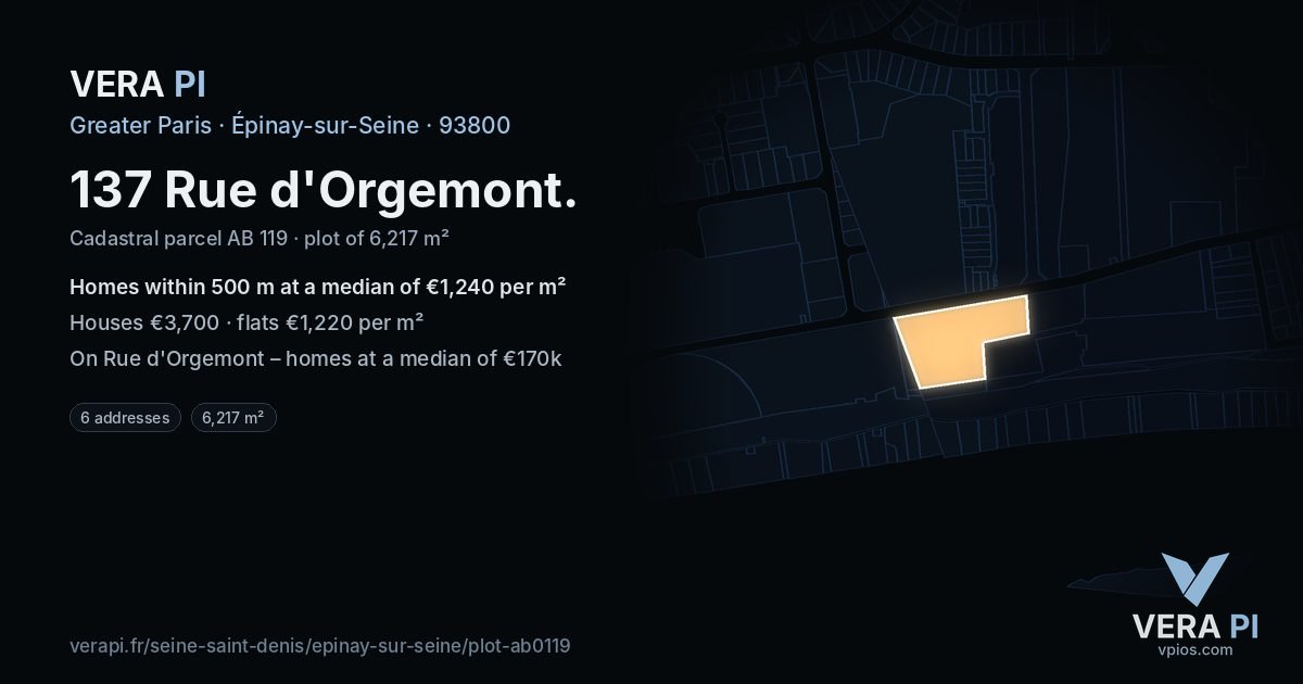 137 Rue d'Orgemont, Épinay-sur-Seine at night – the plot lit, the parcels around coloured by the prices near them