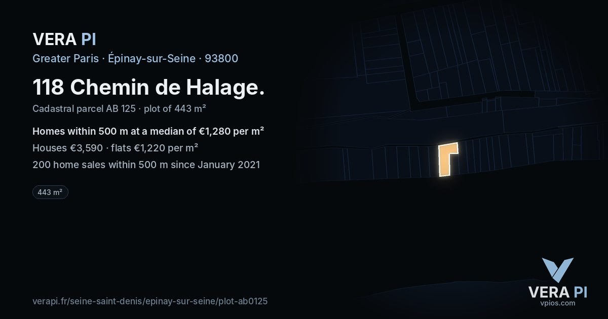 118 Chemin de Halage, Épinay-sur-Seine at night – the plot lit, the parcels around coloured by the prices near them