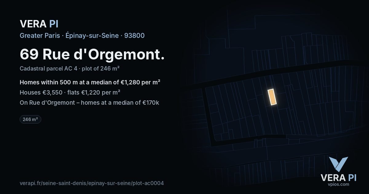 69 Rue d'Orgemont, Épinay-sur-Seine at night – the plot lit, the parcels around coloured by the prices near them