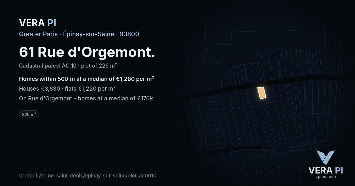 61 Rue d'Orgemont, Épinay-sur-Seine at night – the plot lit, the parcels around coloured by the prices near them