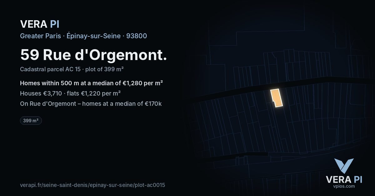 59 Rue d'Orgemont, Épinay-sur-Seine at night – the plot lit, the parcels around coloured by the prices near them
