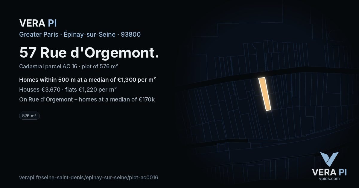 57 Rue d'Orgemont, Épinay-sur-Seine at night – the plot lit, the parcels around coloured by the prices near them