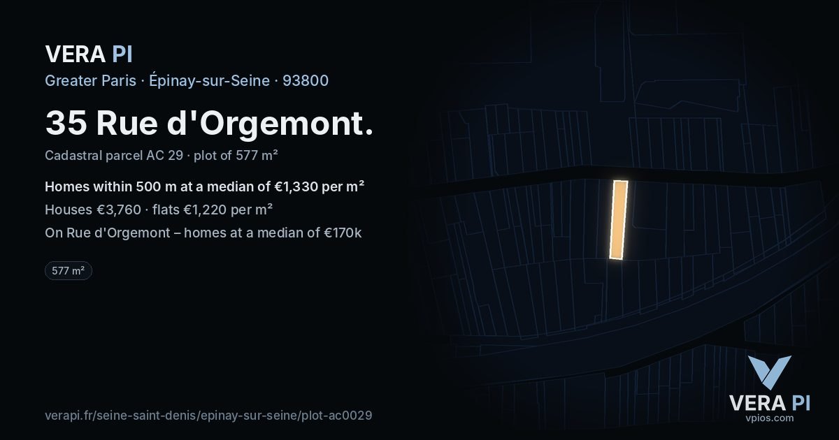 35 Rue d'Orgemont, Épinay-sur-Seine at night – the plot lit, the parcels around coloured by the prices near them