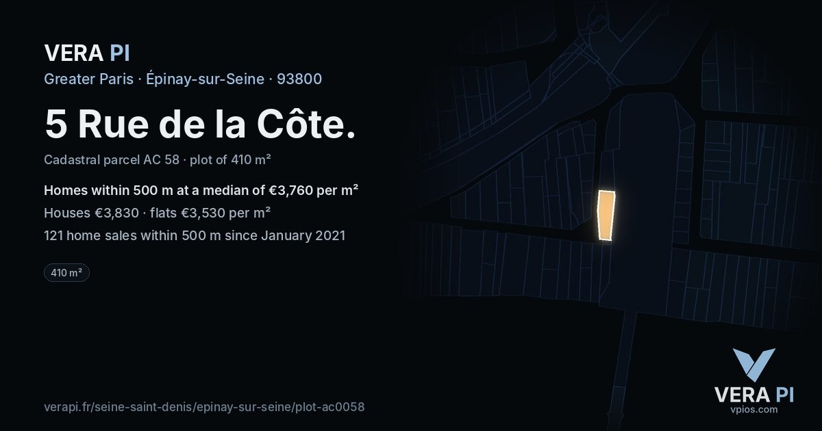5 Rue de la Côte, Épinay-sur-Seine at night – the plot lit, the parcels around coloured by the prices near them