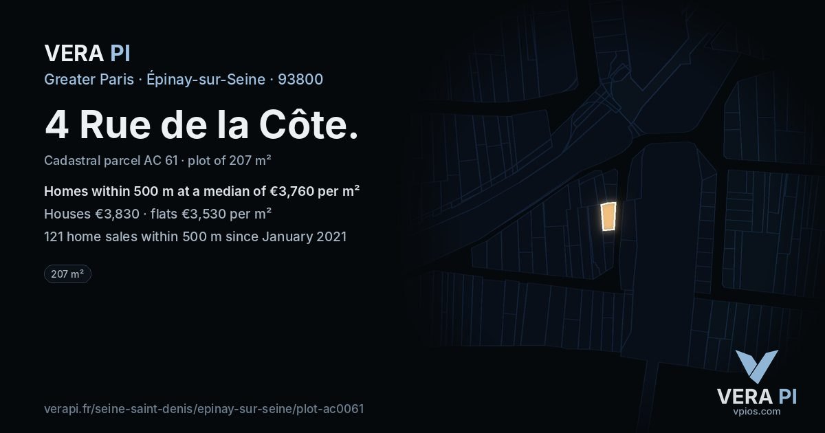 4 Rue de la Côte, Épinay-sur-Seine at night – the plot lit, the parcels around coloured by the prices near them