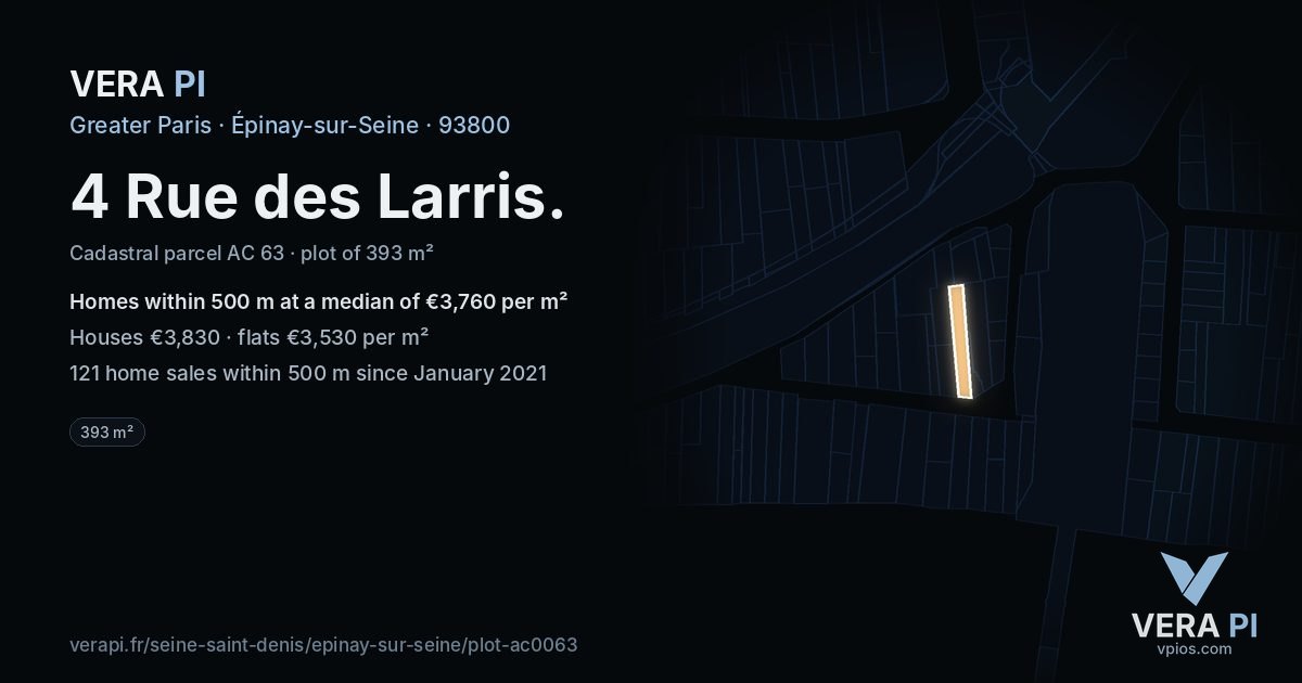 4 Rue des Larris, Épinay-sur-Seine at night – the plot lit, the parcels around coloured by the prices near them