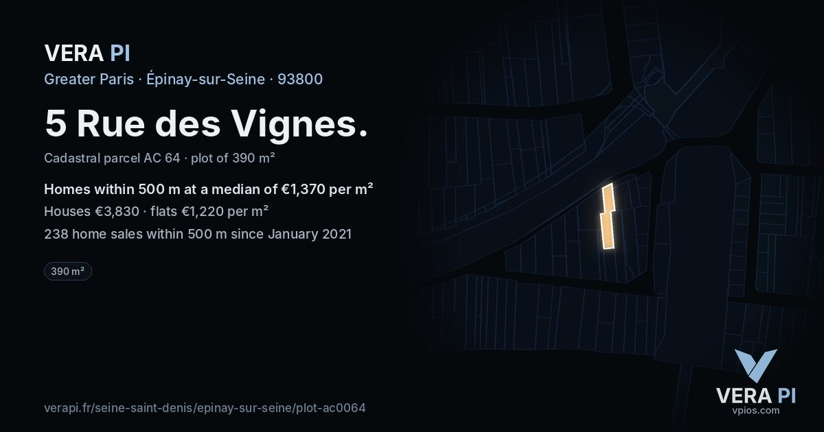 5 Rue des Vignes, Épinay-sur-Seine at night – the plot lit, the parcels around coloured by the prices near them