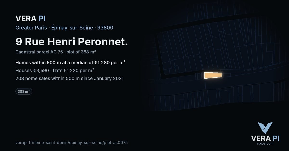 9 Rue Henri Peronnet, Épinay-sur-Seine at night – the plot lit, the parcels around coloured by the prices near them