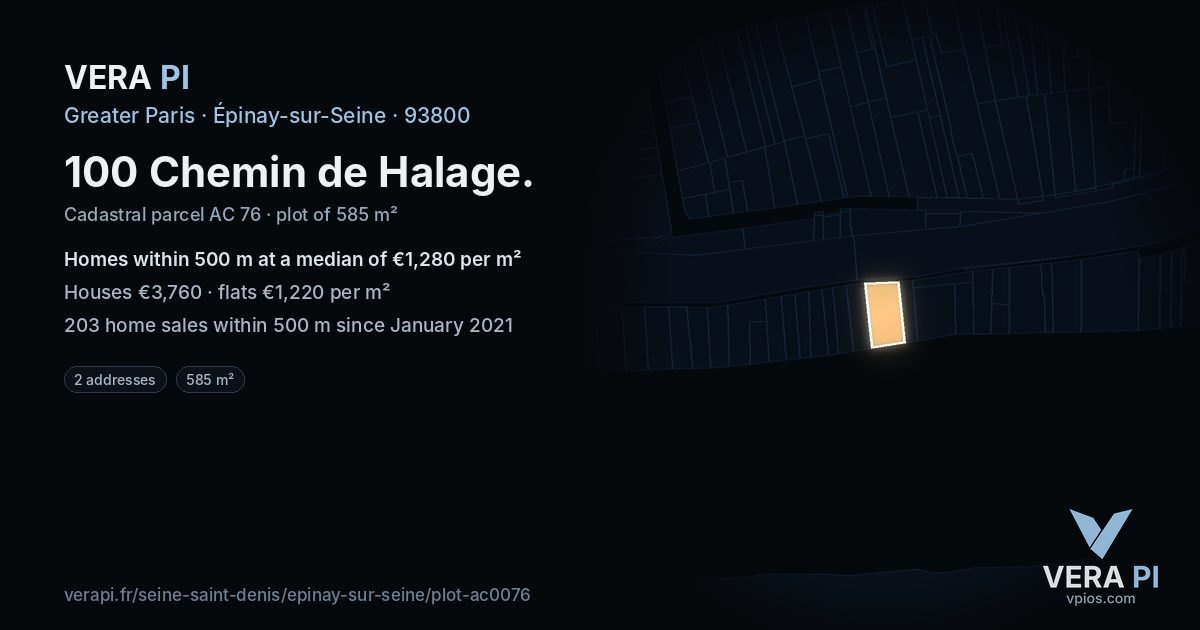 100 Chemin de Halage, Épinay-sur-Seine at night – the plot lit, the parcels around coloured by the prices near them