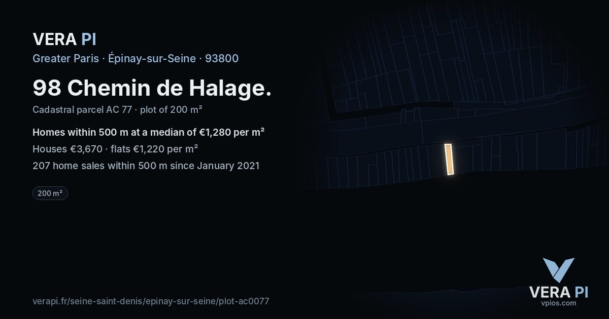 98 Chemin de Halage, Épinay-sur-Seine at night – the plot lit, the parcels around coloured by the prices near them