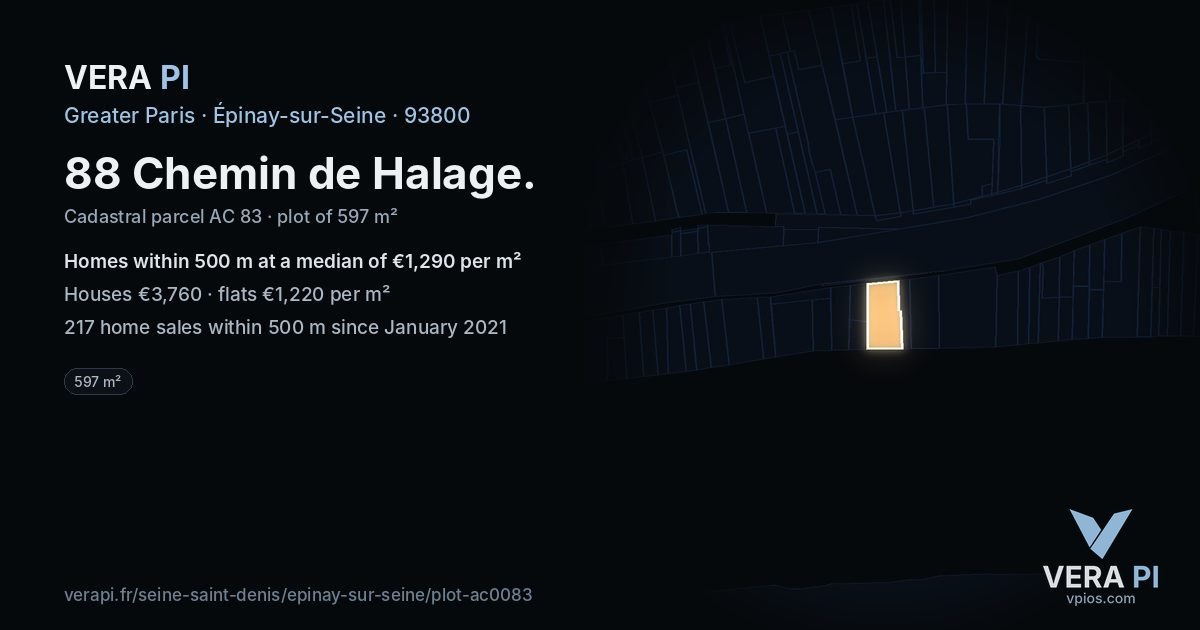 88 Chemin de Halage, Épinay-sur-Seine at night – the plot lit, the parcels around coloured by the prices near them