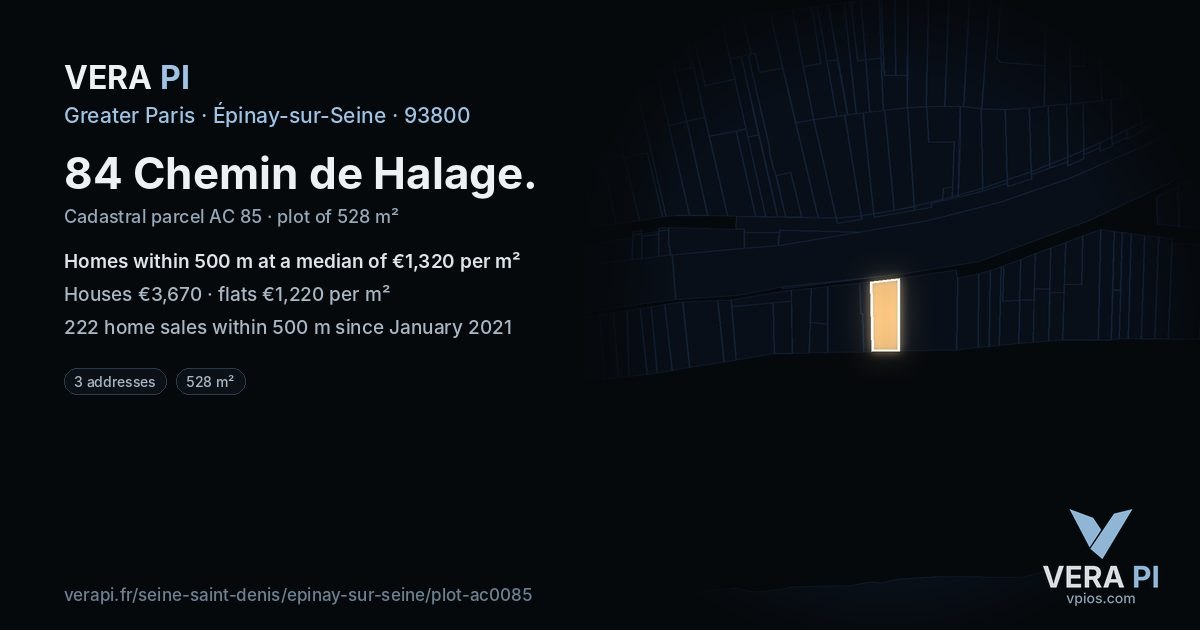 84 Chemin de Halage, Épinay-sur-Seine at night – the plot lit, the parcels around coloured by the prices near them