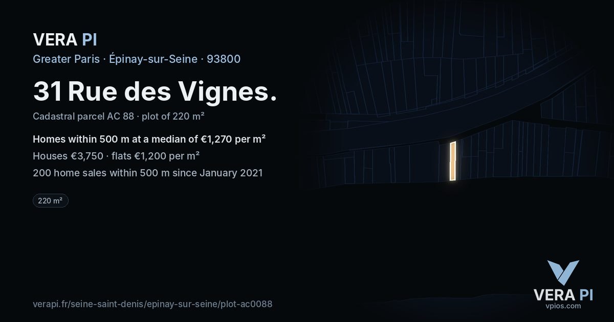 31 Rue des Vignes, Épinay-sur-Seine at night – the plot lit, the parcels around coloured by the prices near them