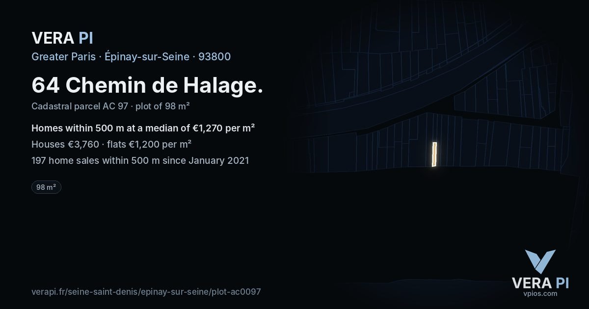 64 Chemin de Halage, Épinay-sur-Seine at night – the plot lit, the parcels around coloured by the prices near them