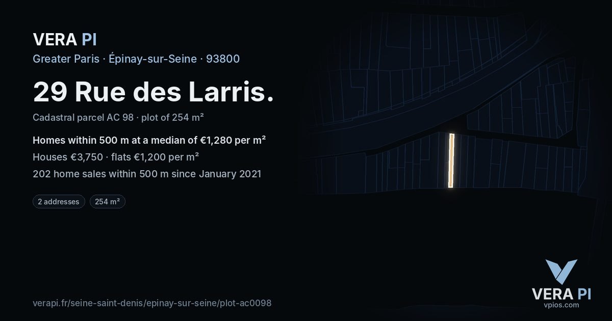29 Rue des Larris, Épinay-sur-Seine at night – the plot lit, the parcels around coloured by the prices near them