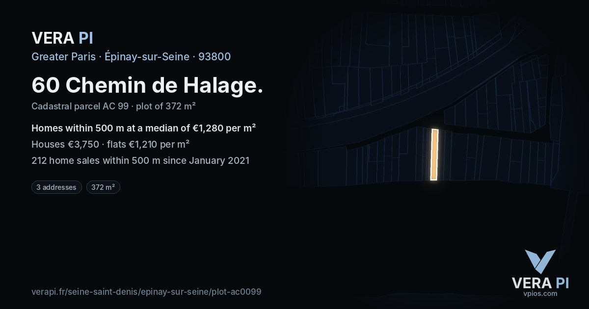 60 Chemin de Halage, Épinay-sur-Seine at night – the plot lit, the parcels around coloured by the prices near them