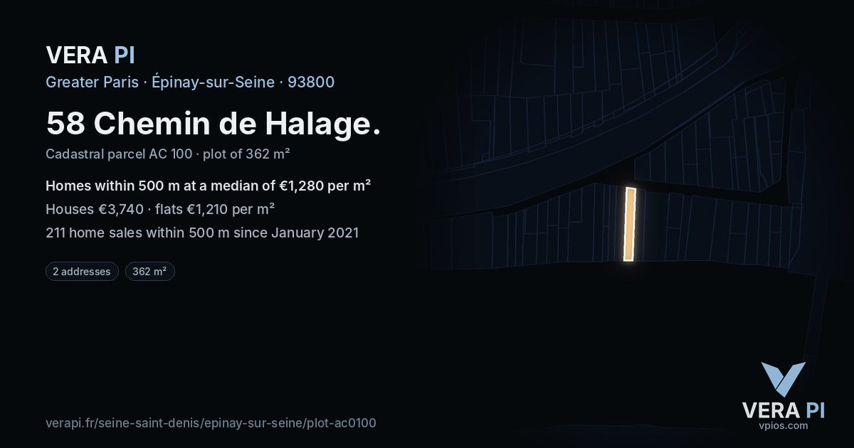58 Chemin de Halage, Épinay-sur-Seine at night – the plot lit, the parcels around coloured by the prices near them