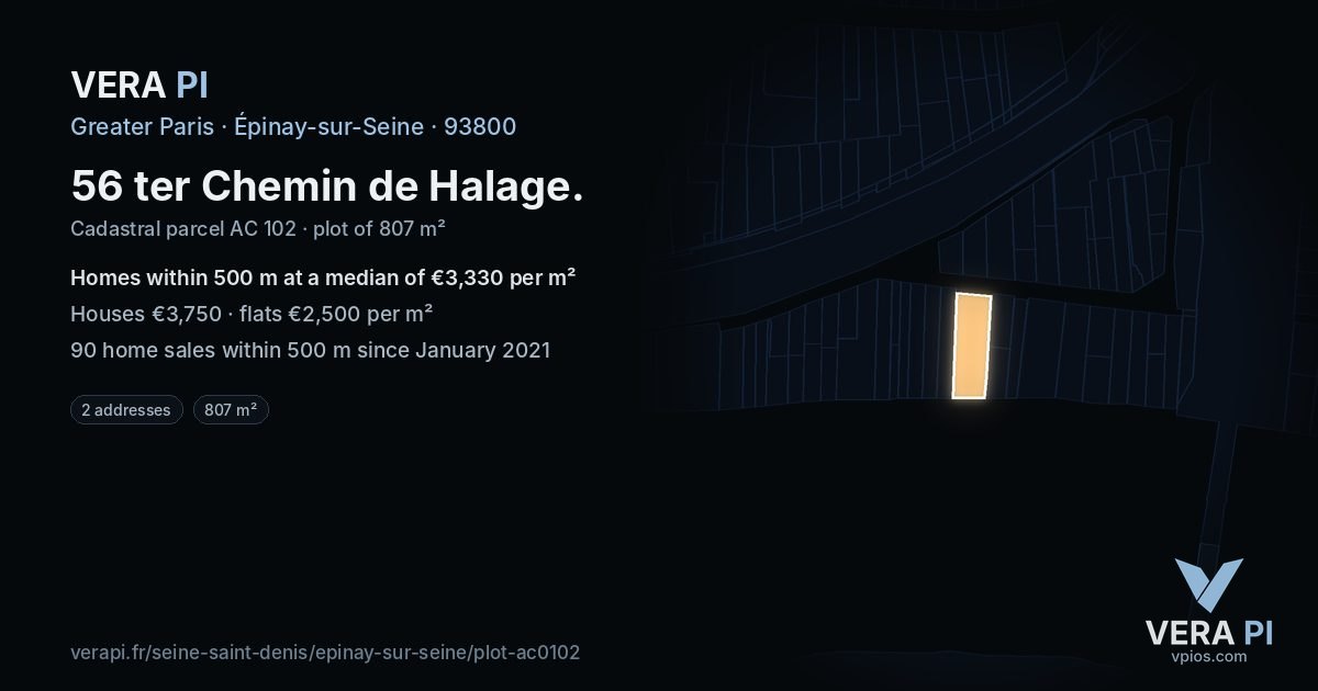 56 ter Chemin de Halage, Épinay-sur-Seine at night – the plot lit, the parcels around coloured by the prices near them