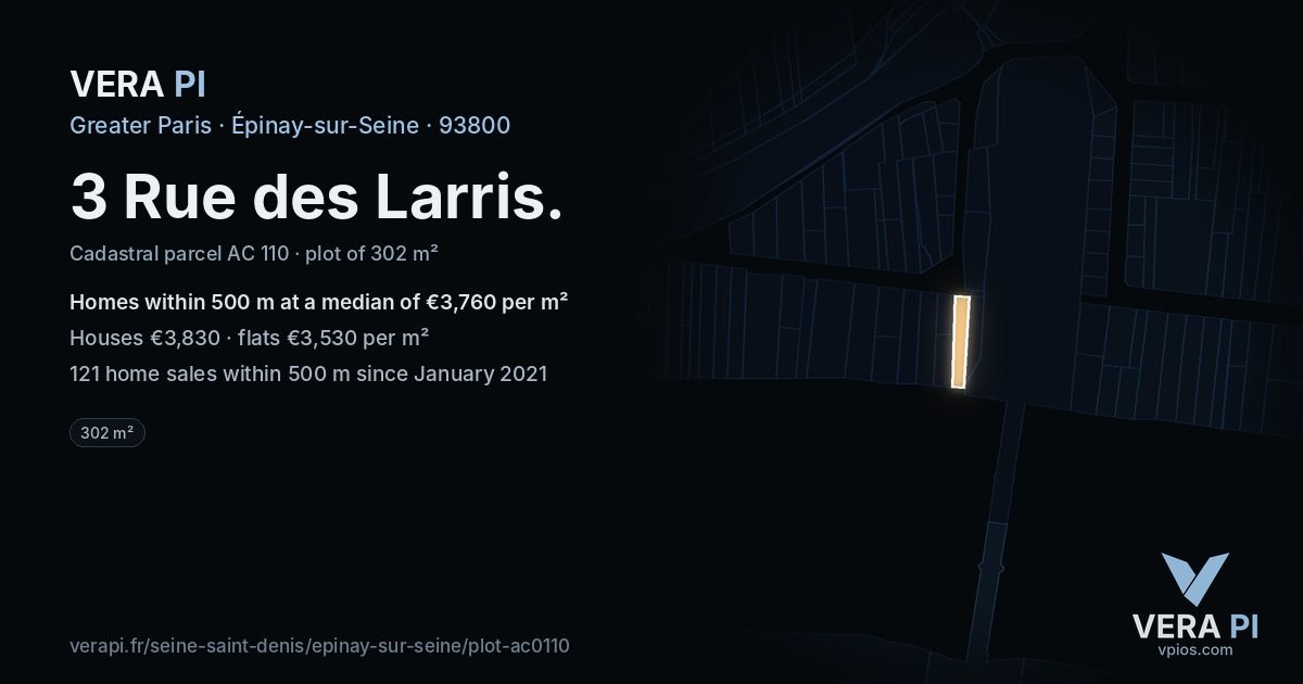 3 Rue des Larris, Épinay-sur-Seine at night – the plot lit, the parcels around coloured by the prices near them