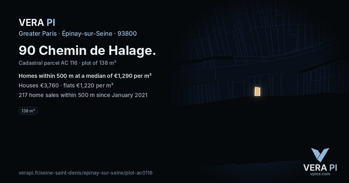 90 Chemin de Halage, Épinay-sur-Seine at night – the plot lit, the parcels around coloured by the prices near them