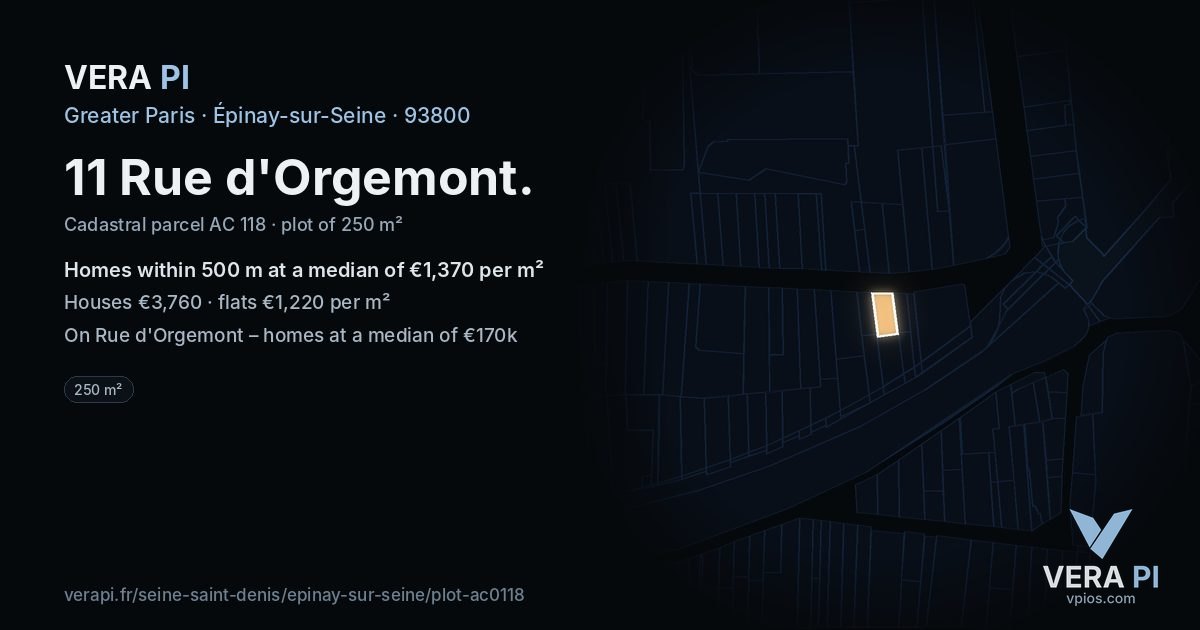 11 Rue d'Orgemont, Épinay-sur-Seine at night – the plot lit, the parcels around coloured by the prices near them
