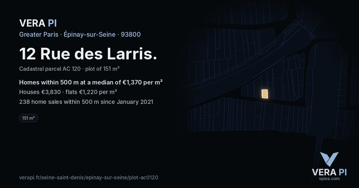 12 Rue des Larris, Épinay-sur-Seine at night – the plot lit, the parcels around coloured by the prices near them