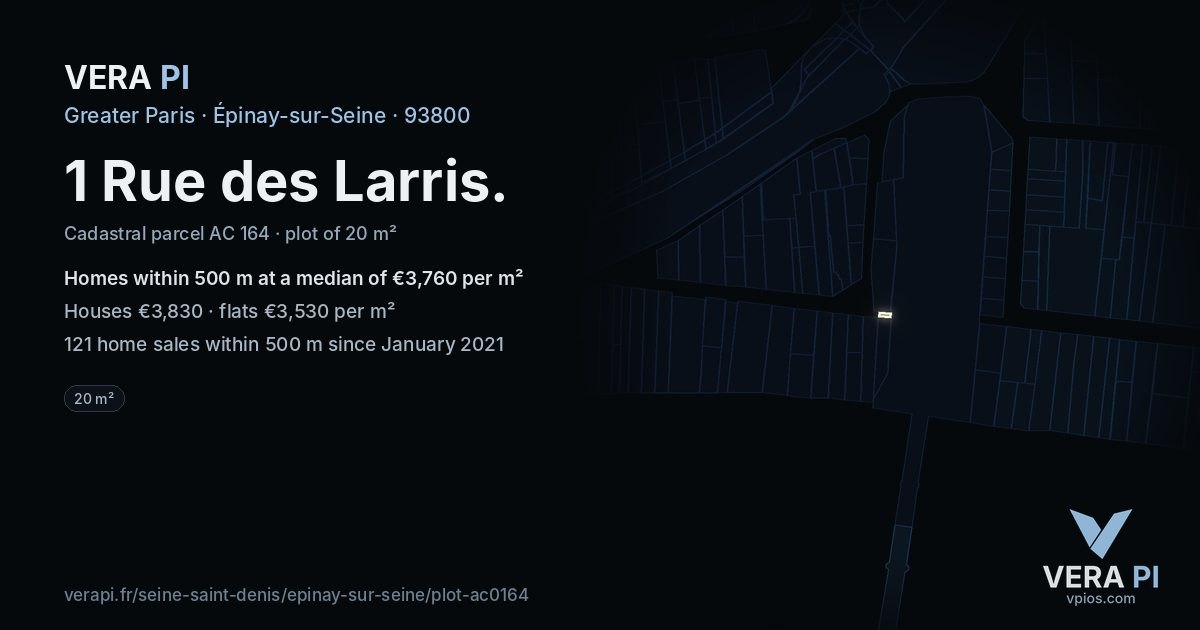 1 Rue des Larris, Épinay-sur-Seine at night – the plot lit, the parcels around coloured by the prices near them
