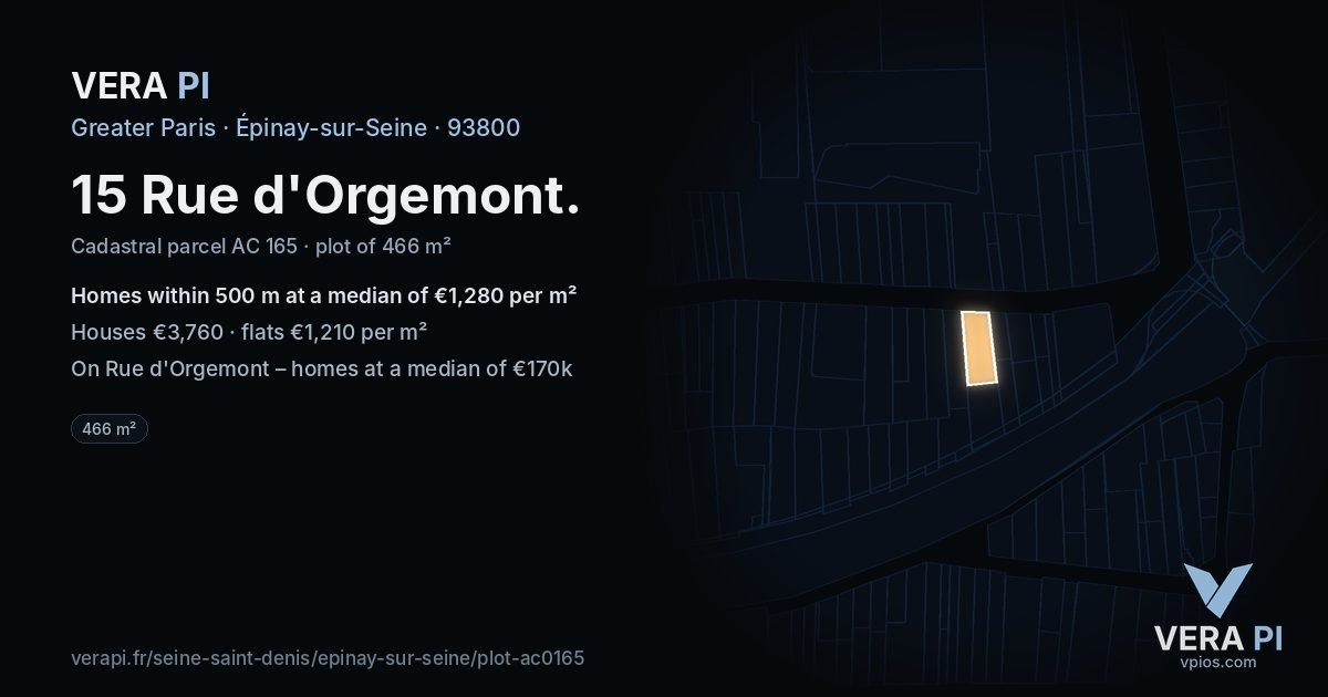 15 Rue d'Orgemont, Épinay-sur-Seine at night – the plot lit, the parcels around coloured by the prices near them