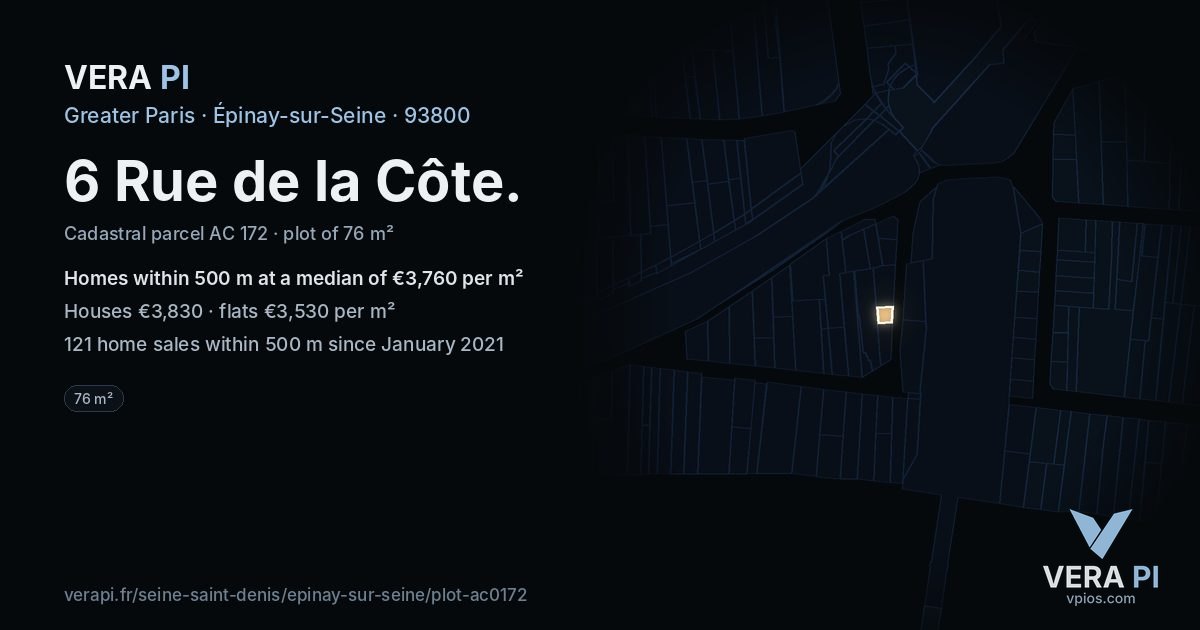 6 Rue de la Côte, Épinay-sur-Seine at night – the plot lit, the parcels around coloured by the prices near them