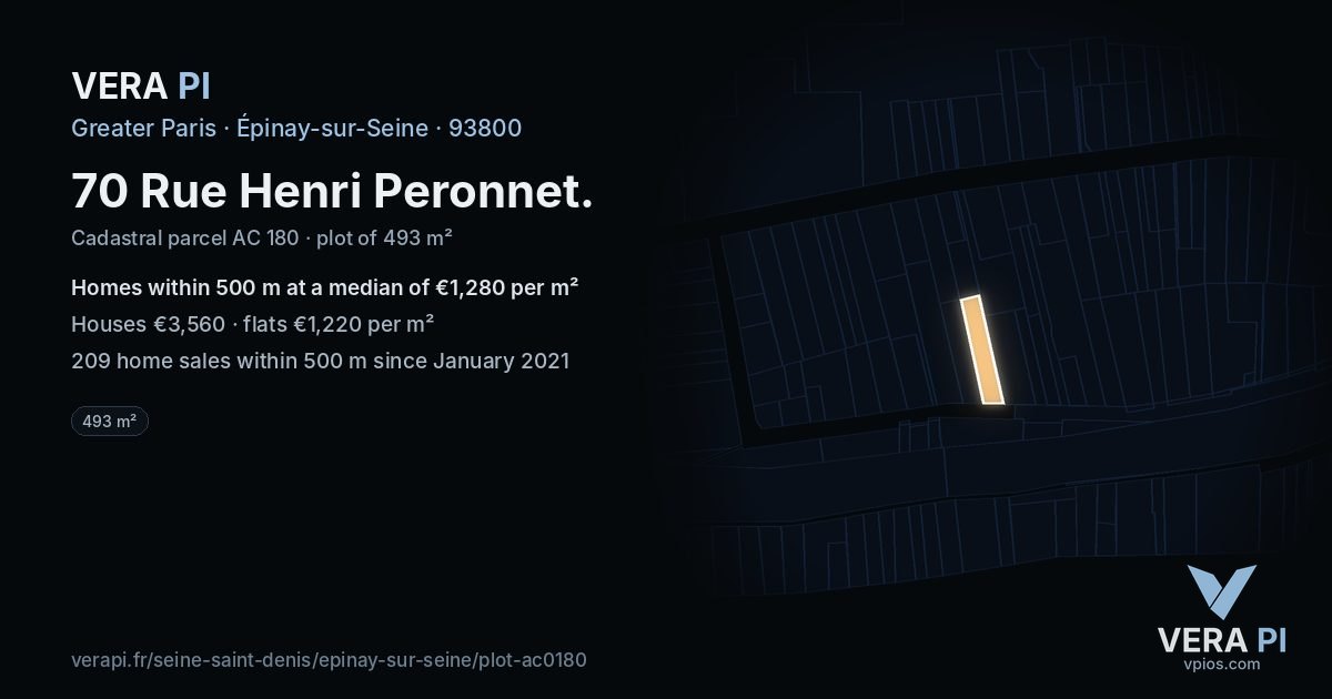 70 Rue Henri Peronnet, Épinay-sur-Seine at night – the plot lit, the parcels around coloured by the prices near them