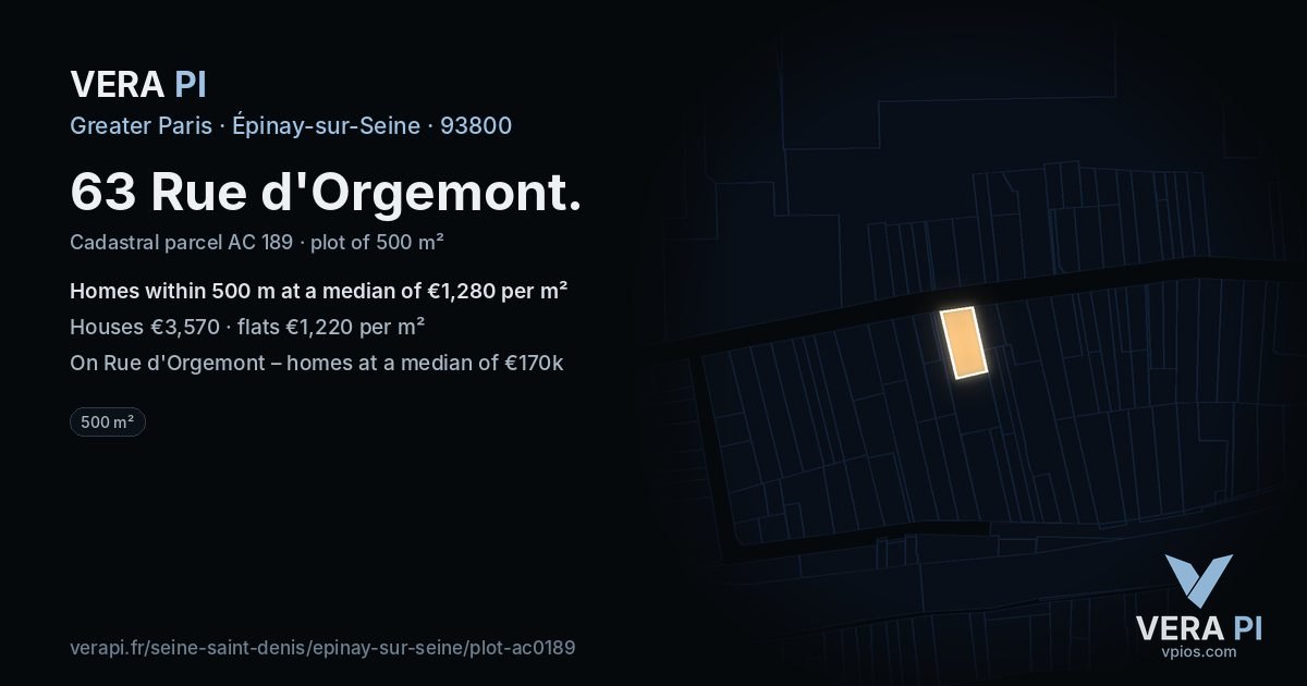 63 Rue d'Orgemont, Épinay-sur-Seine at night – the plot lit, the parcels around coloured by the prices near them