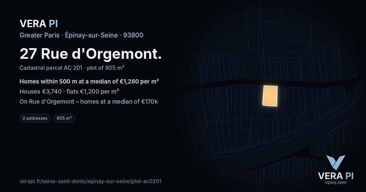 27 Rue d'Orgemont, Épinay-sur-Seine at night – the plot lit, the parcels around coloured by the prices near them