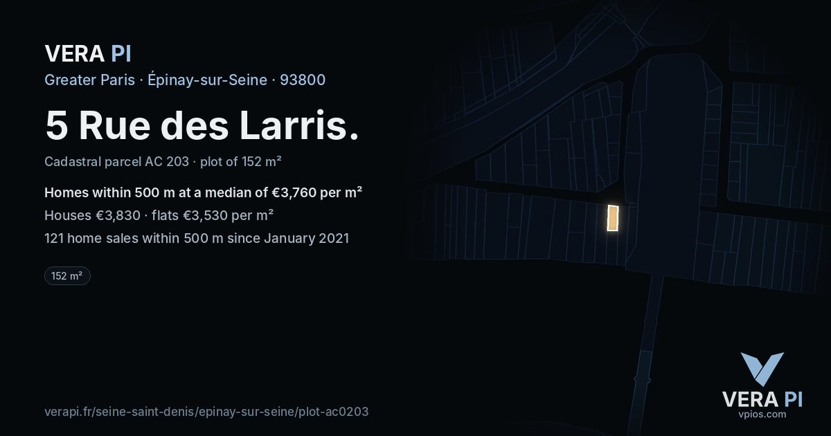 5 Rue des Larris, Épinay-sur-Seine at night – the plot lit, the parcels around coloured by the prices near them