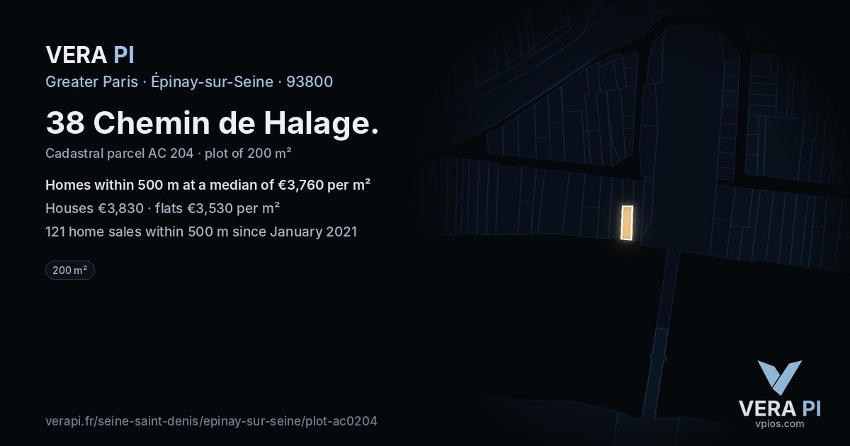 38 Chemin de Halage, Épinay-sur-Seine at night – the plot lit, the parcels around coloured by the prices near them