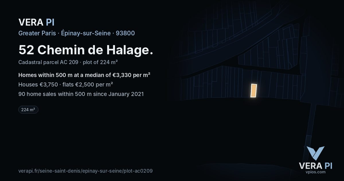 52 Chemin de Halage, Épinay-sur-Seine at night – the plot lit, the parcels around coloured by the prices near them