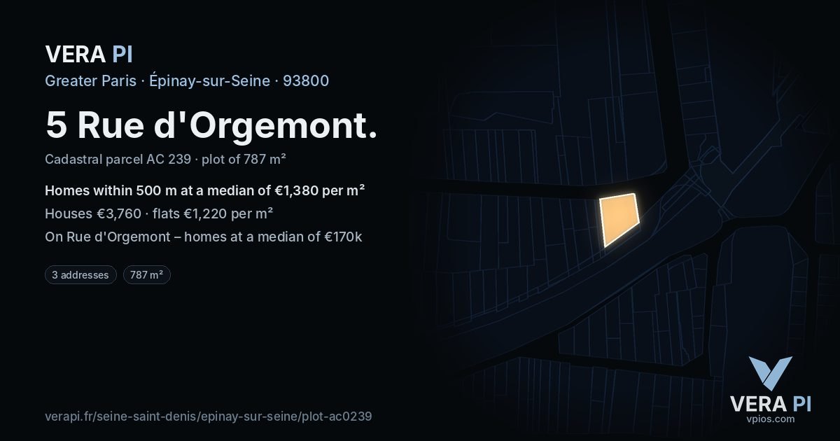 5 Rue d'Orgemont, Épinay-sur-Seine at night – the plot lit, the parcels around coloured by the prices near them