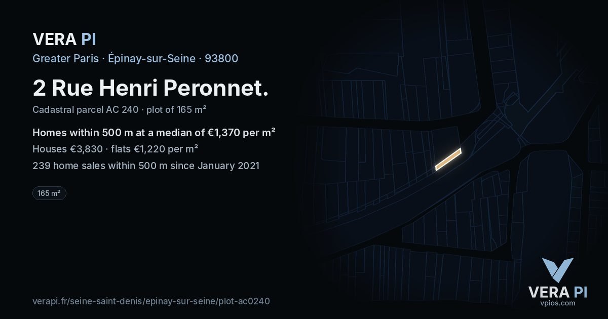 2 Rue Henri Peronnet, Épinay-sur-Seine at night – the plot lit, the parcels around coloured by the prices near them