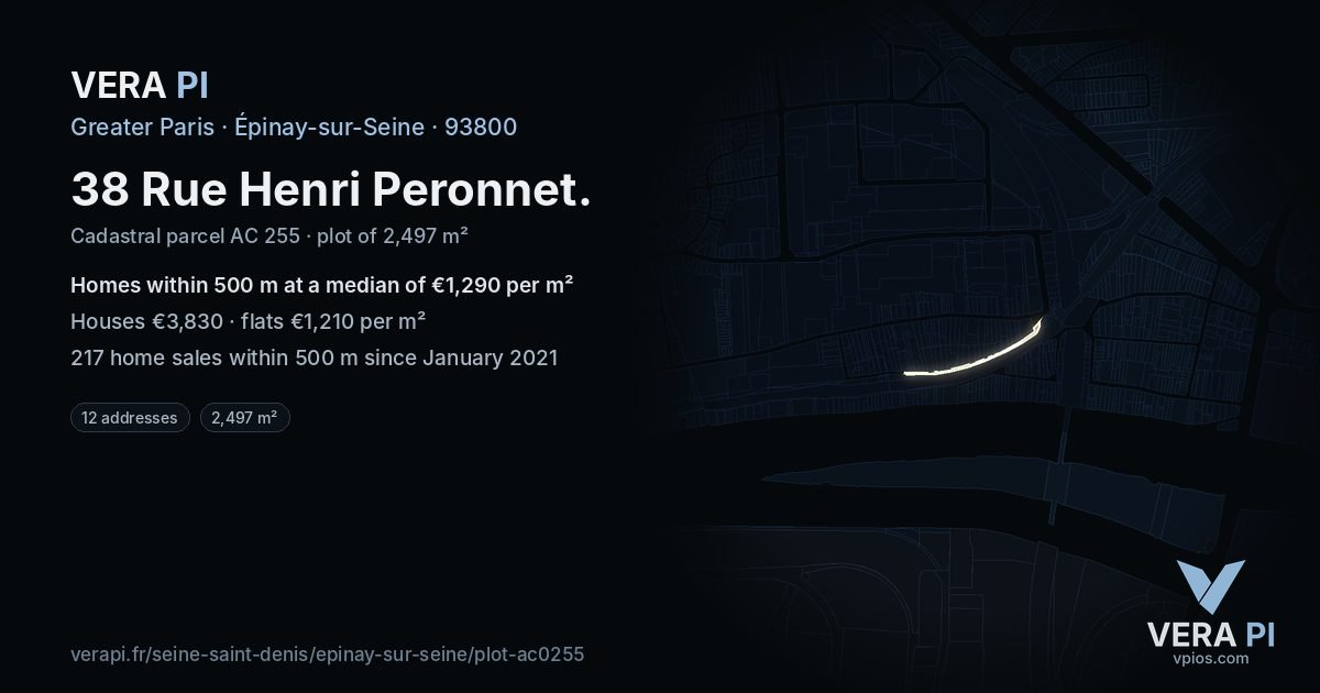 38 Rue Henri Peronnet, Épinay-sur-Seine at night – the plot lit, the parcels around coloured by the prices near them