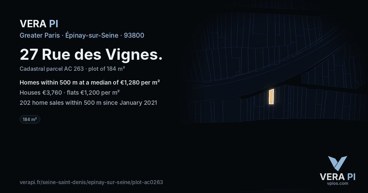 27 Rue des Vignes, Épinay-sur-Seine at night – the plot lit, the parcels around coloured by the prices near them
