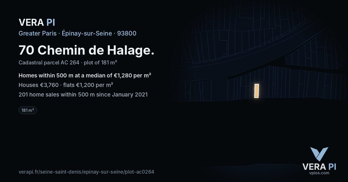 70 Chemin de Halage, Épinay-sur-Seine at night – the plot lit, the parcels around coloured by the prices near them