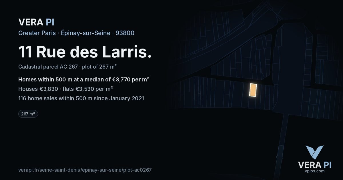 11 Rue des Larris, Épinay-sur-Seine at night – the plot lit, the parcels around coloured by the prices near them