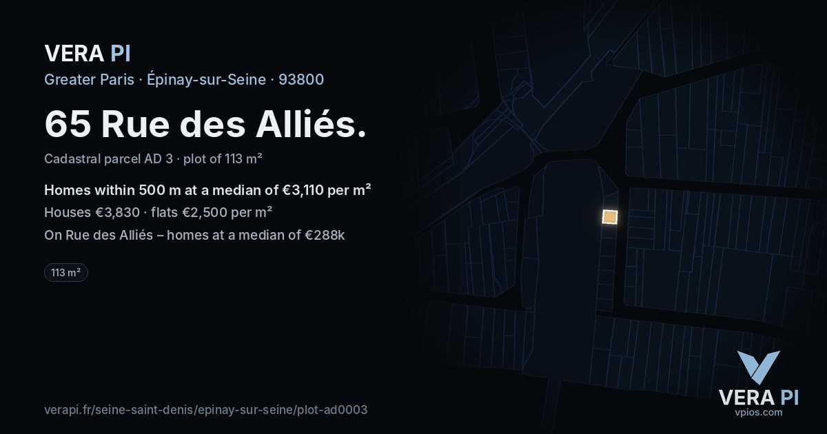 65 Rue des Alliés, Épinay-sur-Seine at night – the plot lit, the parcels around coloured by the prices near them