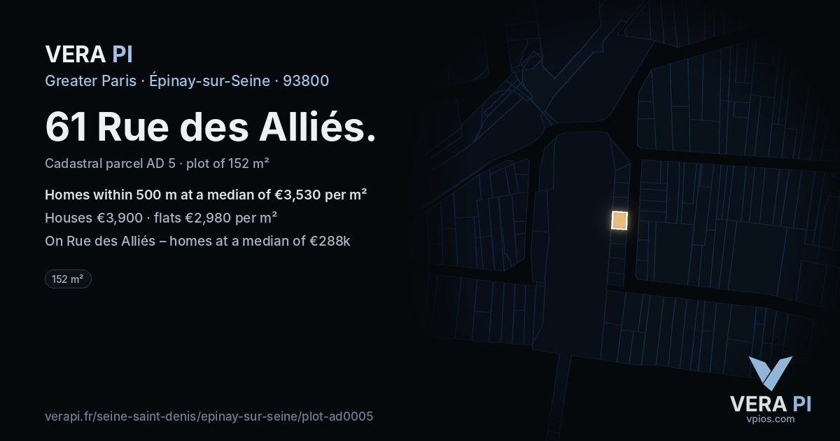 61 Rue des Alliés, Épinay-sur-Seine at night – the plot lit, the parcels around coloured by the prices near them