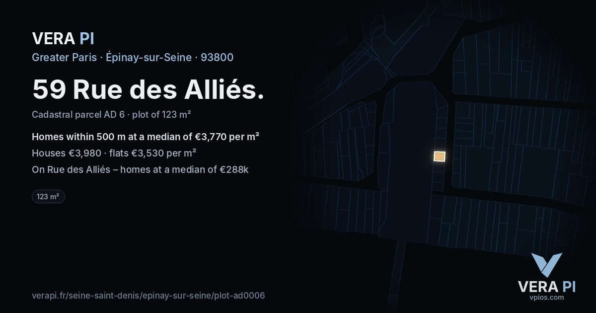 59 Rue des Alliés, Épinay-sur-Seine at night – the plot lit, the parcels around coloured by the prices near them
