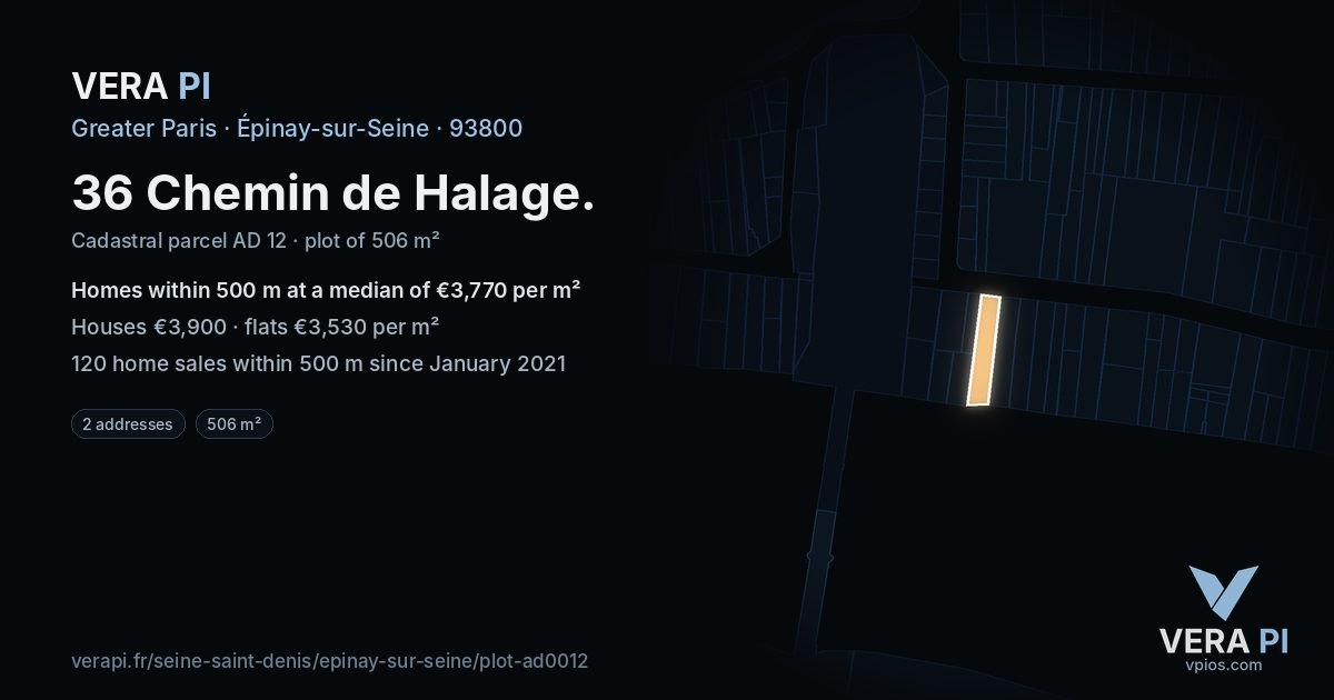 36 Chemin de Halage, Épinay-sur-Seine at night – the plot lit, the parcels around coloured by the prices near them